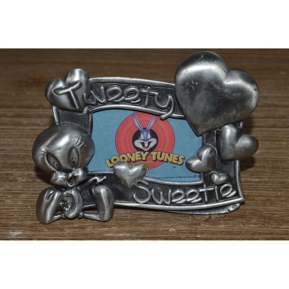 Vintage Pewter Tweety Bird Looney Tunes Hearts Metal Picture Frame Sweetie READ